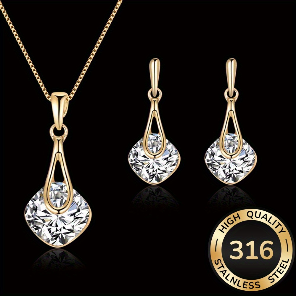 TEMU Steel Material Inlaid With Synthetic Zirconia Necklace + Earrings Jewelry Set, Design, Retro Fashion Versatile Additions, Suitable For Ladies,