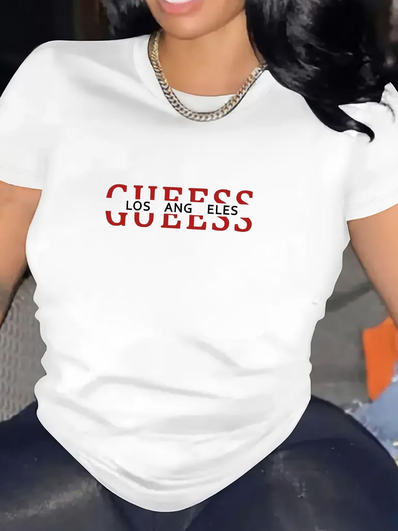 A Stylish Women'S Casual T-Shirt Featuring a Beautiful English Print That Says 'Guess What, Los Angeles.'