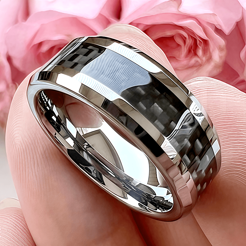 8mm Carbon Fiber 316L Stainless Steel Ring, Engagement and Wedding,  Polished for