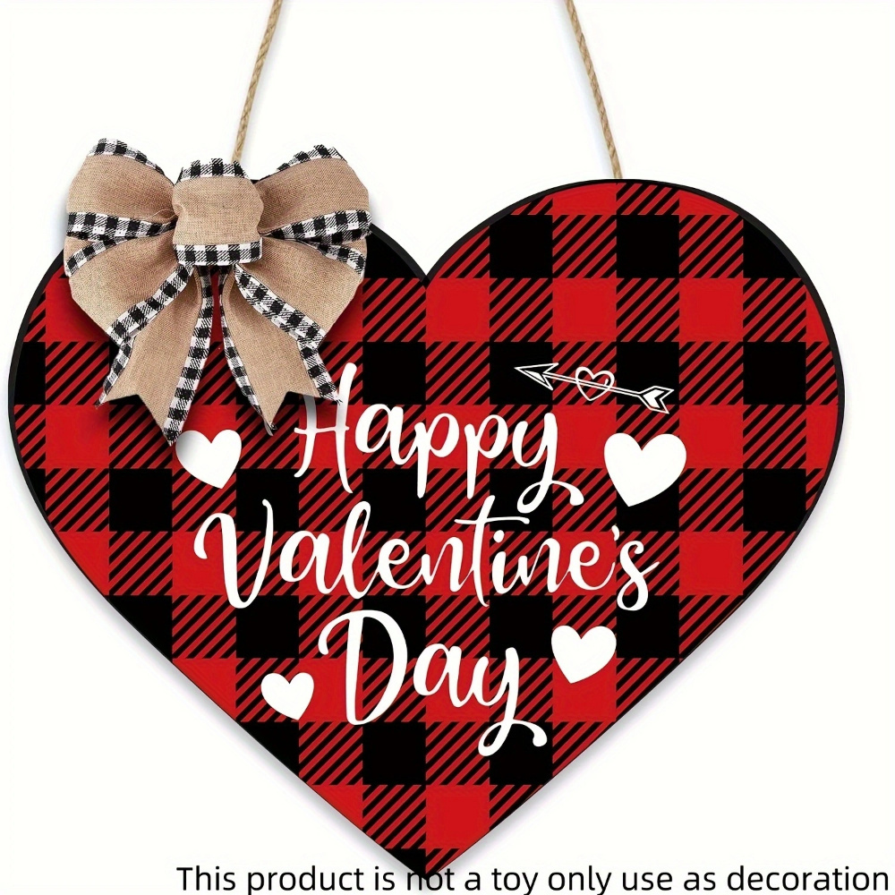 

1pc Valentine's Day Hanging Wooden Door Sign, Buffalo Check Design, Happy Valentine's Day Wall Decor, Rustic Farmhouse Style, With No Electricity Required, For Home & Holiday Decoration