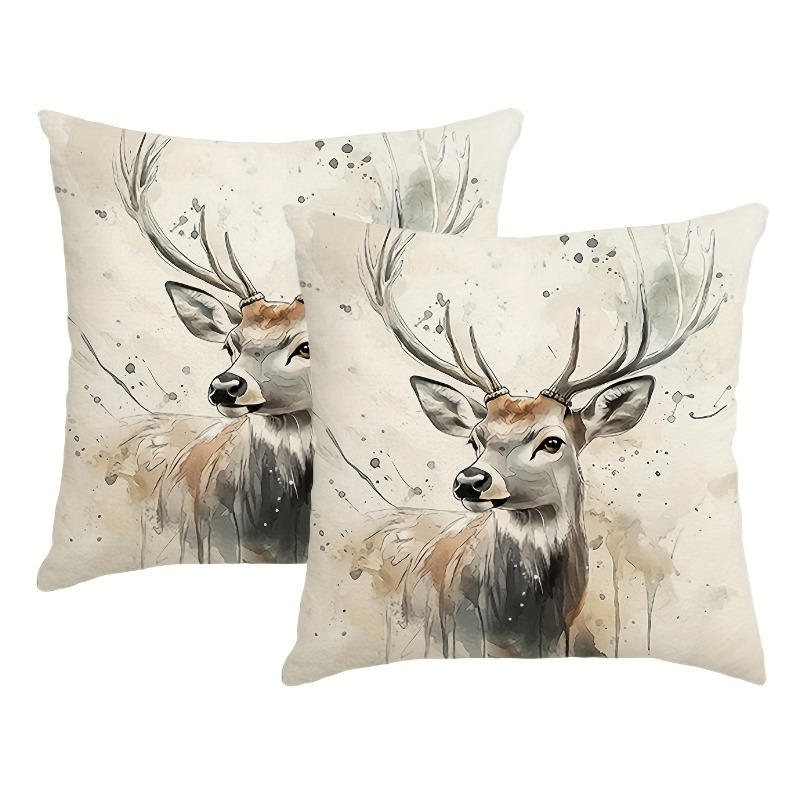 

2pcs Set Watercolor Deer Pillow Covers, 18x18 Inches - Soft & Comfortable Polyester, Zip Closure, Machine Washable - Home, Office, And Party Decor, , Suitable For Types Of Houses