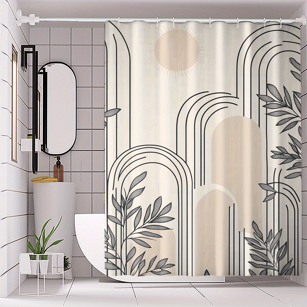 

1pc Artistic Grass Print Waterproof Shower Curtain With Hooks - Machine Washable Polyester Bathroom Partition