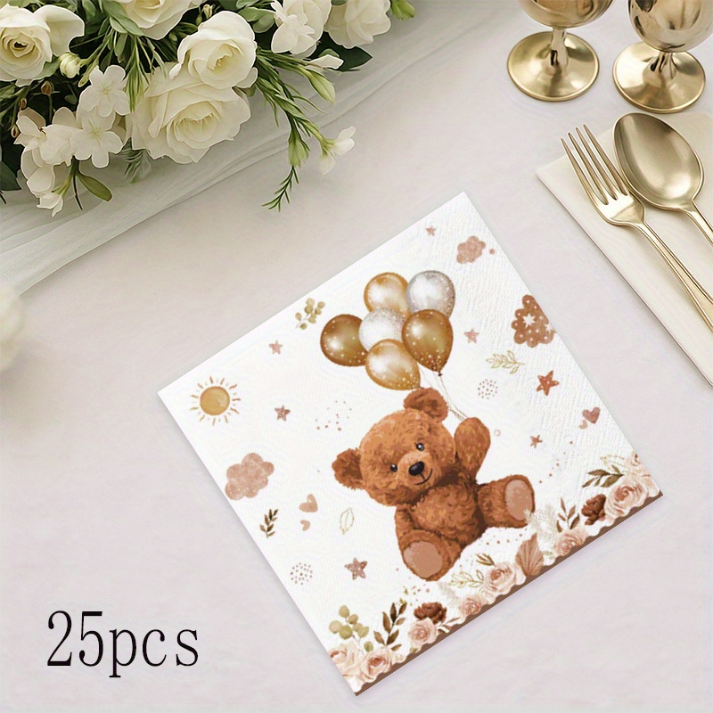 E-shop 25 braune Teddybär Servietten für Partys - Mit einem niedlichen Plüschbären-Design mit goldenen Ballons, für Familienfeiern, Themenpartys,