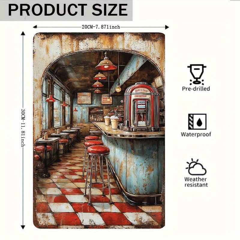 TEMU 2d Flat, 1pc Vintage American Diner Metal Wall Art - 19.81x29.97cm Iron Tin Sign With , Soda Fountain & Checkered , Weathered Finish, Easy To