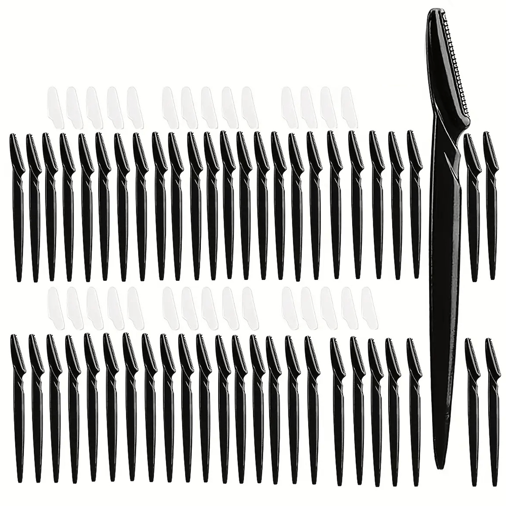 TEMU Lot de 50 rasoirs faciaux en acier inoxydable non irritants, unisexe - Noir, tondeuse à sourcils parfum avec capuchon de protection, idéal pour