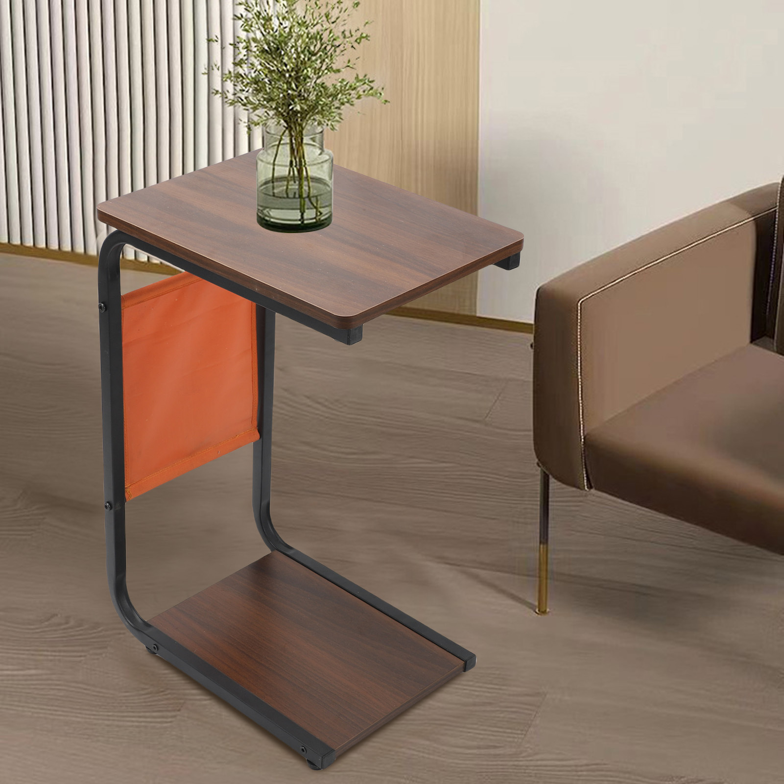 C Shaped End Table Double Layer Open Storage Movable Strong Load Bearing Capacity Slide Under Sofa Tray Desk For Couch, C Table For Sofa, Living Room Bedroom Small Spaces, Rustic Brown