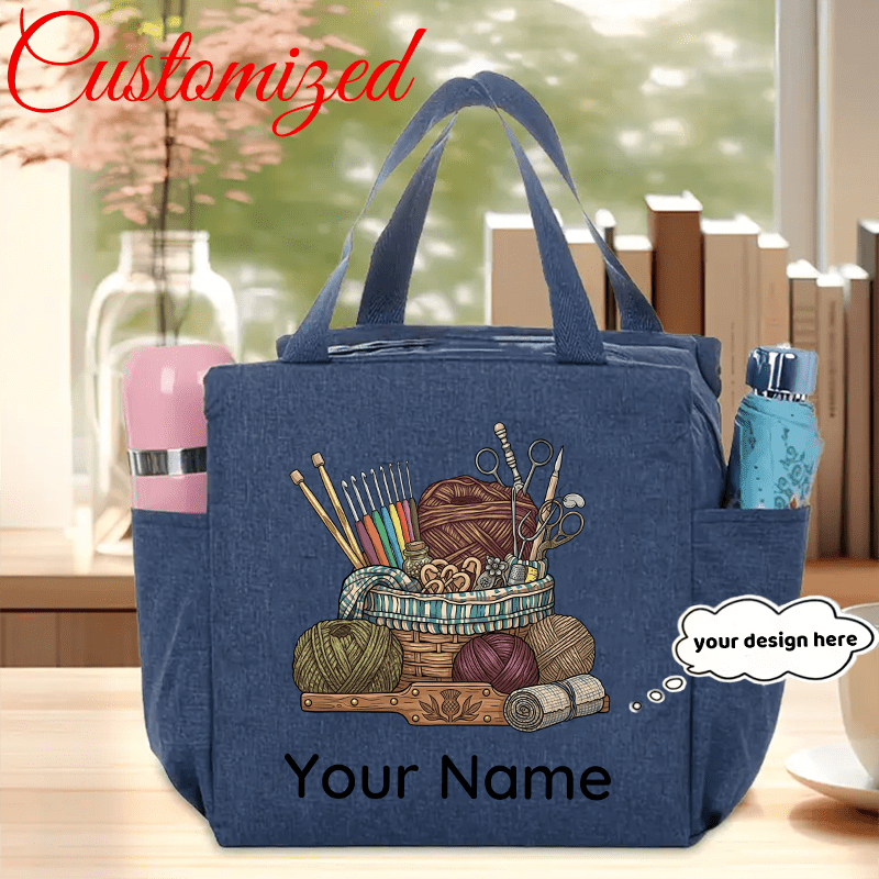 TEMU Personalized Aesthetic Craft Women's Handbag, Custom Text Yarn Ball Illustration Tote Bag, Crochet Accessory Organizer With Name Initial,