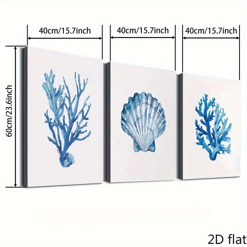 TEMU Decorazioni murali 2D piatte, set di tre pezzi con stampe di blu, alghe marine e marine. Dipinti decorativi con stampa a costiera, stampe