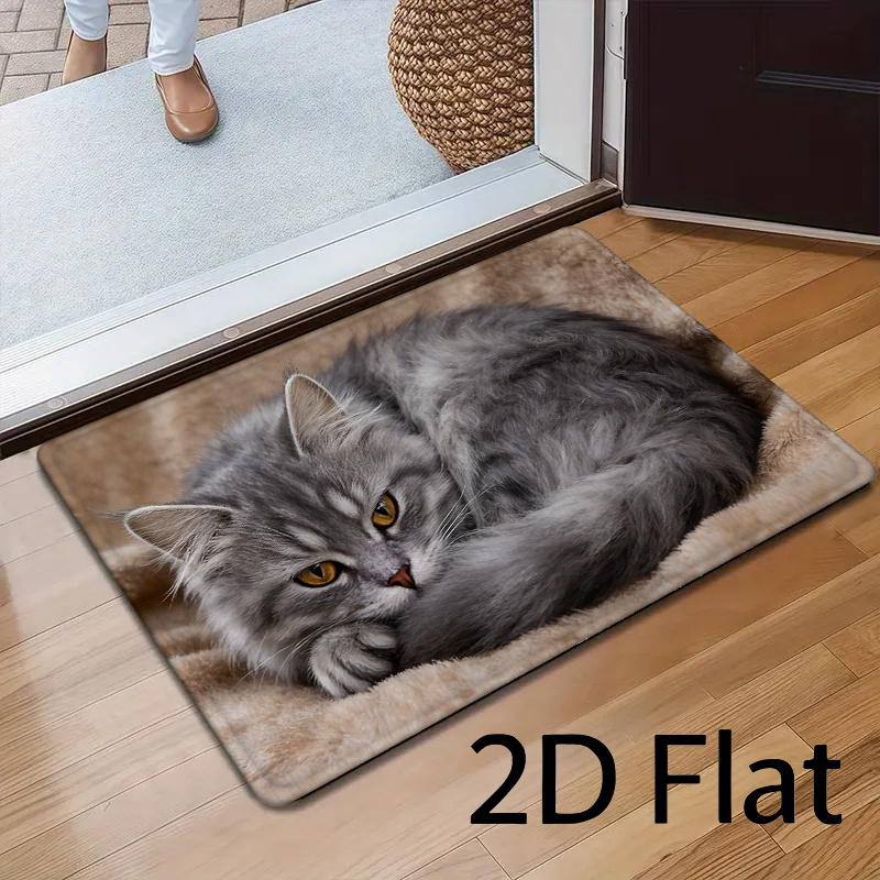 TEMU 2d Flat Printing Gray Cute Sleeping Cat Pattern Printed Doormat, Flannel Thickened Material, Soft And , Kitchen Absorbent Non-slip Mat, Bathroom