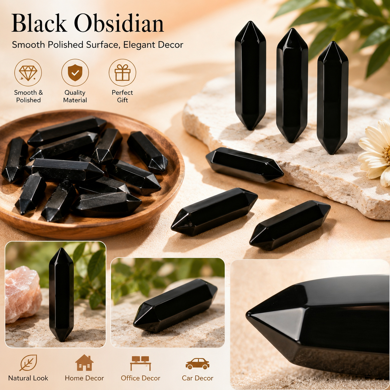 Natural Black Obsidian Stone, Smooth Double-Sided Hexagonal