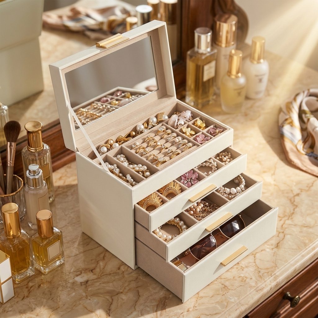 Image of 1pc Four-tier Jewelry Box With Glass Top, Organizer With 3 Drawers, Large Capacity Storage Case For Necklaces, Earrings, Rings And Bracelets, Jewelry Boxes