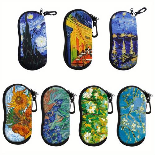 item picture 1pc van art eyewear case suitable for men women portable zipper with van oil painting glasses holder for fashion glasses reading eyewear compact case for daily use