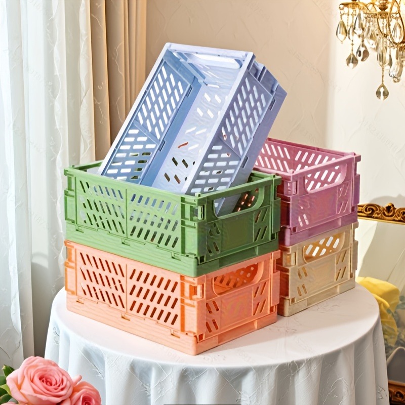 TEMU Ensemble de 4 paniers de rangement pliables en plastique avec poignée de couleur aléatoire, organisateurs multifonctionnels et durables, adaptés
