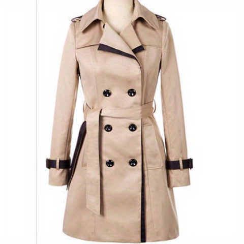 Abrigo de lona elegante para mujer, doble botonadura, color beige y azul marino, estructurado, no elástico, formal y casual, cintura ceñida, para oficina, fiestas, uso diario, diseño sofisticado, tejido duradero, chaqueta elegante, para amantes de la moda, ropa de oficina, material de alta calidad, mujeres conscientes de la moda.