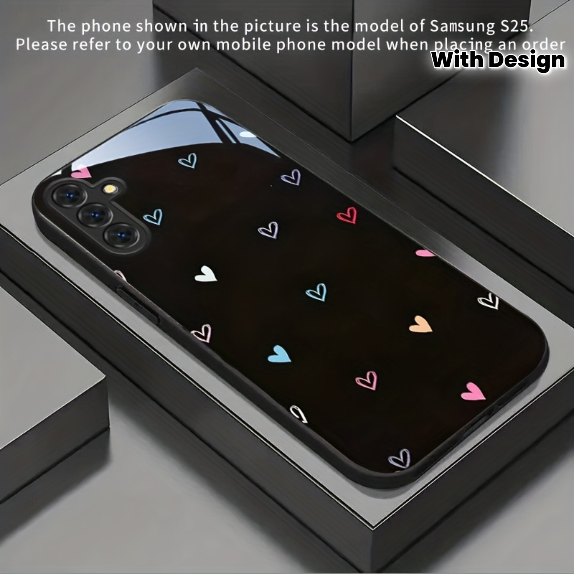 TEMU Phone Case - Background Colorful Heart Pattern 2dflat Glass Phone Case For Galaxy