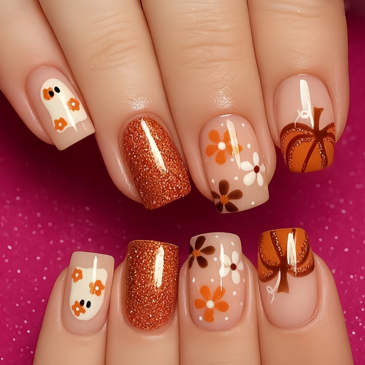 TEMU 24pcs Petites Ongles Faux Citrouille à Volants Doux et Mignons, , , Usage , Halloween, Base Nu Transparente, Orange , Longueur Moyenne, Carrées,