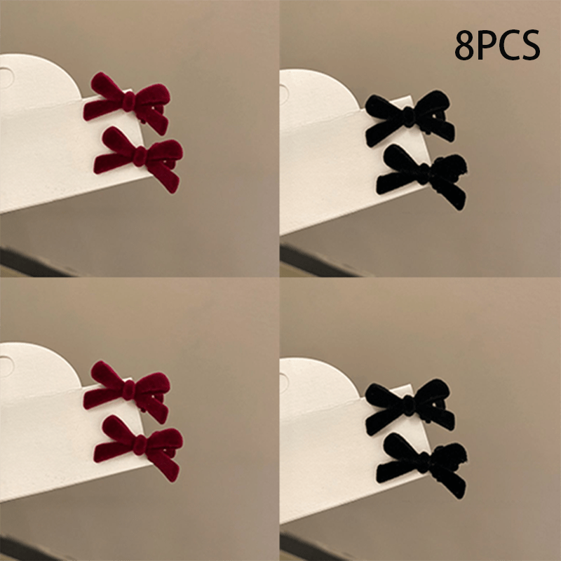 Image of 8pcs Women's Small Red And Black Flocked Bow Hair Clips Cute Broken Hair Bangs Clip Forehead Duckbill Clip New Year Atmosphere Headwear Hair Accessories