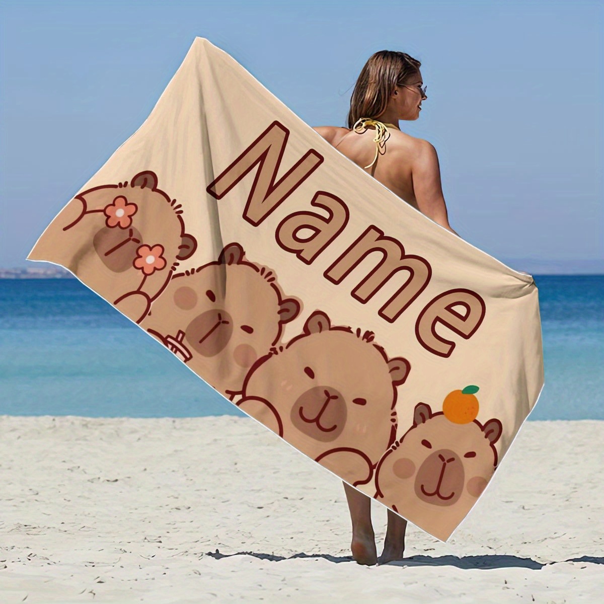 TEMU Personalized Custom 1pc Digital Printed Capybara Creative Pattern Beach Towel Adult Swimming Absorbent Bath Towel Fiber Quick-dry Beach Towel
