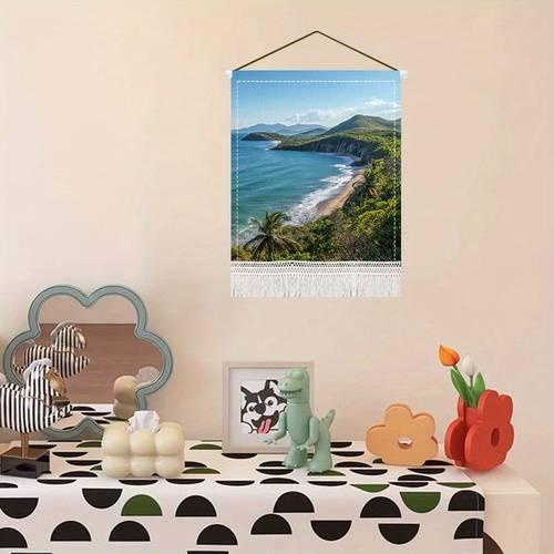 item picture seaside scenery printed tassel wall hanging coastal beach scene with palm trees and ocean waves bedroom or living room decor adds to bedroom wall decor flowing design beach theme decor