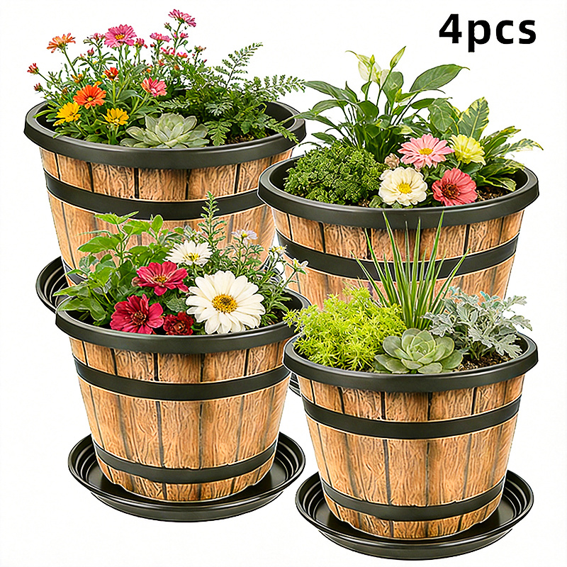 TEMU Set Of 4pcs- 12inch+ 9inch Flower Pots- 2 Whiskey Plant Pots With Drainage Holes- 2 Trays- Made Of Plastic- Decorative Flower Pot Design