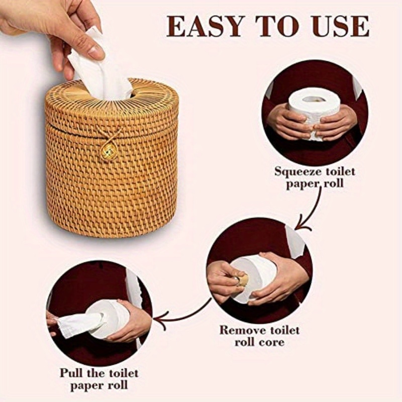 2pcs natural woven tissue box cover with lid rustic farmhouse bathroom decor toilet paper holder with openning compatible with single rolls for bathroom   room   no tools needed   rattan design sturdy base decorative storage ecoconscious buyers Product details 1