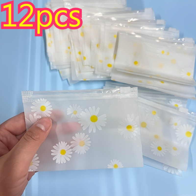 Image of 12pcs Daisy Pattern Frosted Plastic Zipper Bags Reusable Transparent Storage Pouches For Cosmetics Jewelry Hair Additions Office Supplies Crafts Stationery Organization