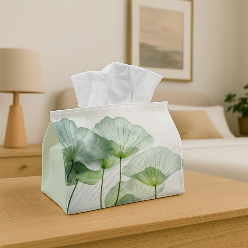 TEMU 1pc Modern Minimalist Green For Lotus Leaf Tissue Box Cover - Elegant Botanical Print Fabric Holder With Suitable For Kitchen, Car, Living Room,