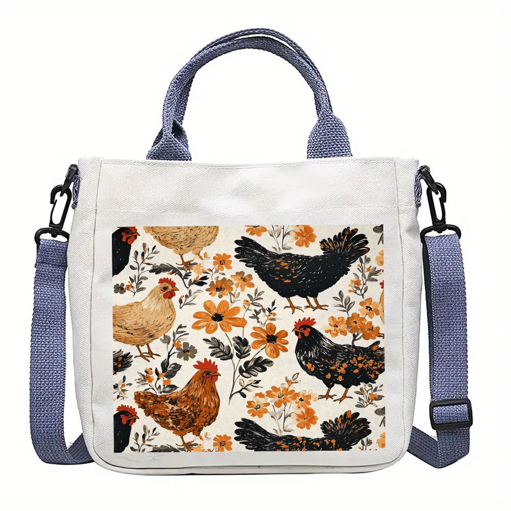 

1pc Chic Hen Print Canvas Crossbody Bag, Fashionable Unlined Lightweight Shoulder Tote With Double Handles, For Daily , Hand Washable