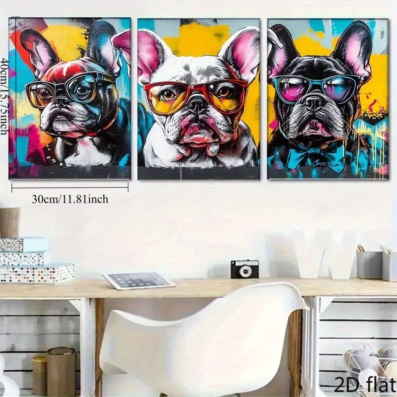 TEMU 2d Flat, 3pcs Of 2d Flat French Bulldog Art Prints - Modern And Contemporary Dog-themed Canvas Wall Art, Vertical Indoor Style, Suitable For
