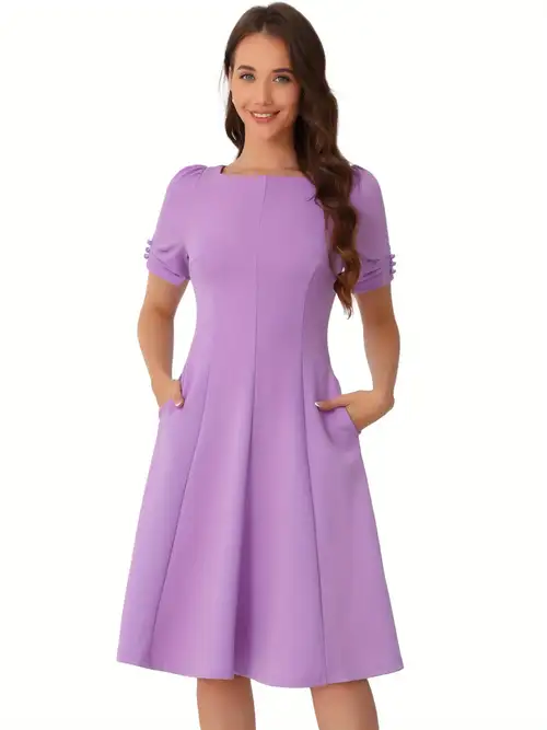 women's elegant a-line flare midi dress with 3/4 sleeve round neck - solid color -length dress for weddings, parties &, machine washable spring summer fall wedding guest gown, loose fit a-line & women's elegant a-line flare midi dress with 3/4 sleeve round neck - solid color -length dress for weddings, parties &, machine washable spring summer fall wedding guest gown, loose fit a-line &