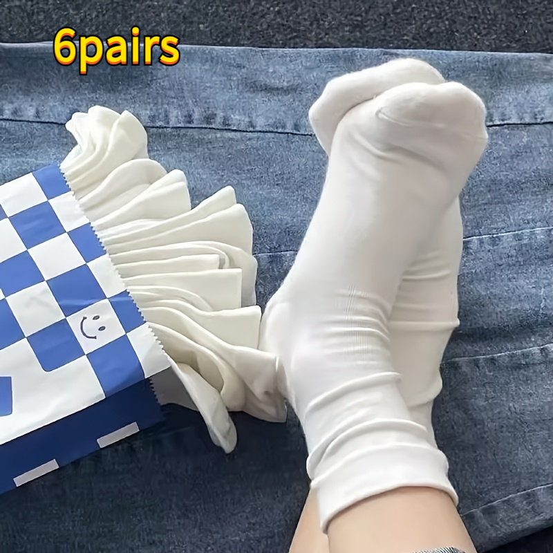 TEMU 6-pair Women's Soft Mid-calf Socks - White, , Creamy Texture, Solid Color, Casual Wear, Comfortable Footwear | Simple Sock Design