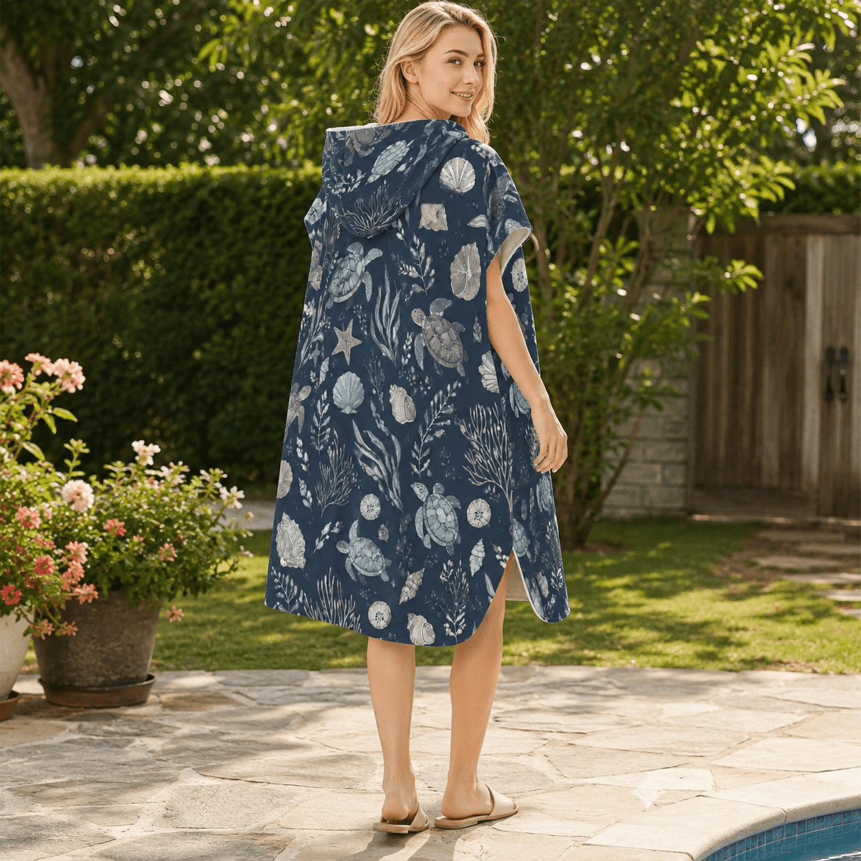 TEMU 1pc Navy Ink Sea Turtle Starfish Shell Algae Print Hooded Beach Cape, Adult Seaside Swim Cover-up, Loose Side-slit Vacation Bathrobe