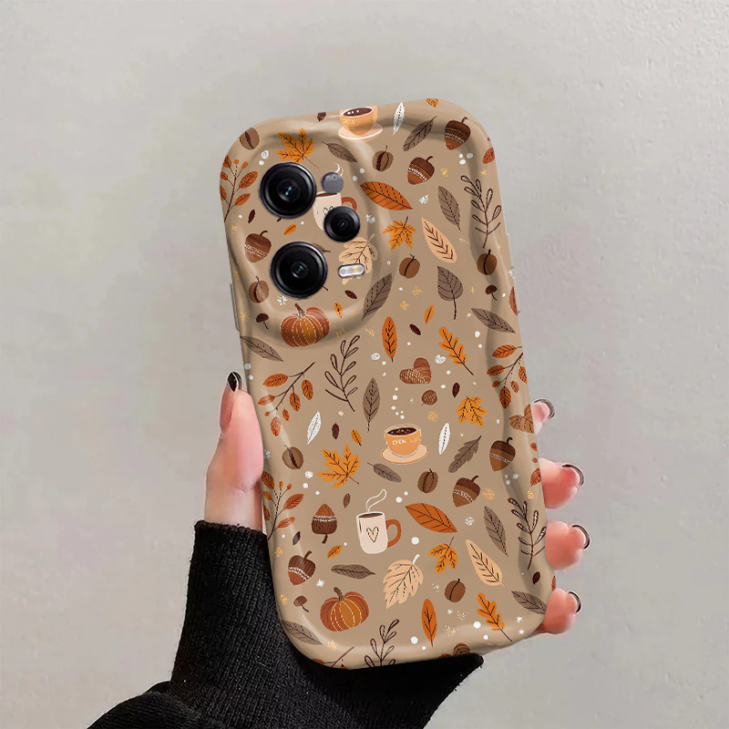 Phone Case - Autumn Pumpkins Coffee Leaves Pattern Color Curly Wave Frame Phone Case For Xiaomi 12/13/14/15 Lite&t&t Ultra, Redmi