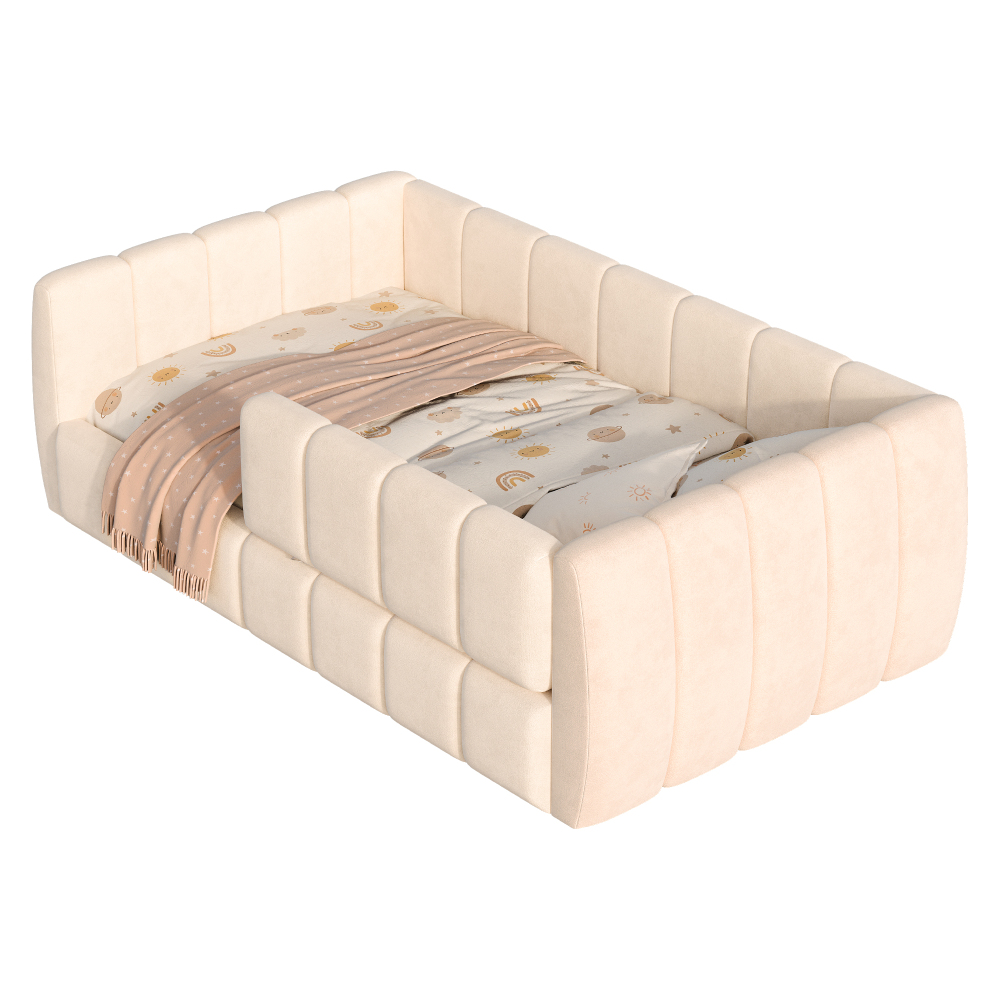 Upholstered Floor Daybed with Removable Guardrails, Compatible with Standard US Mattresses, Safety Bed with High Headboard And Footboard, Beige