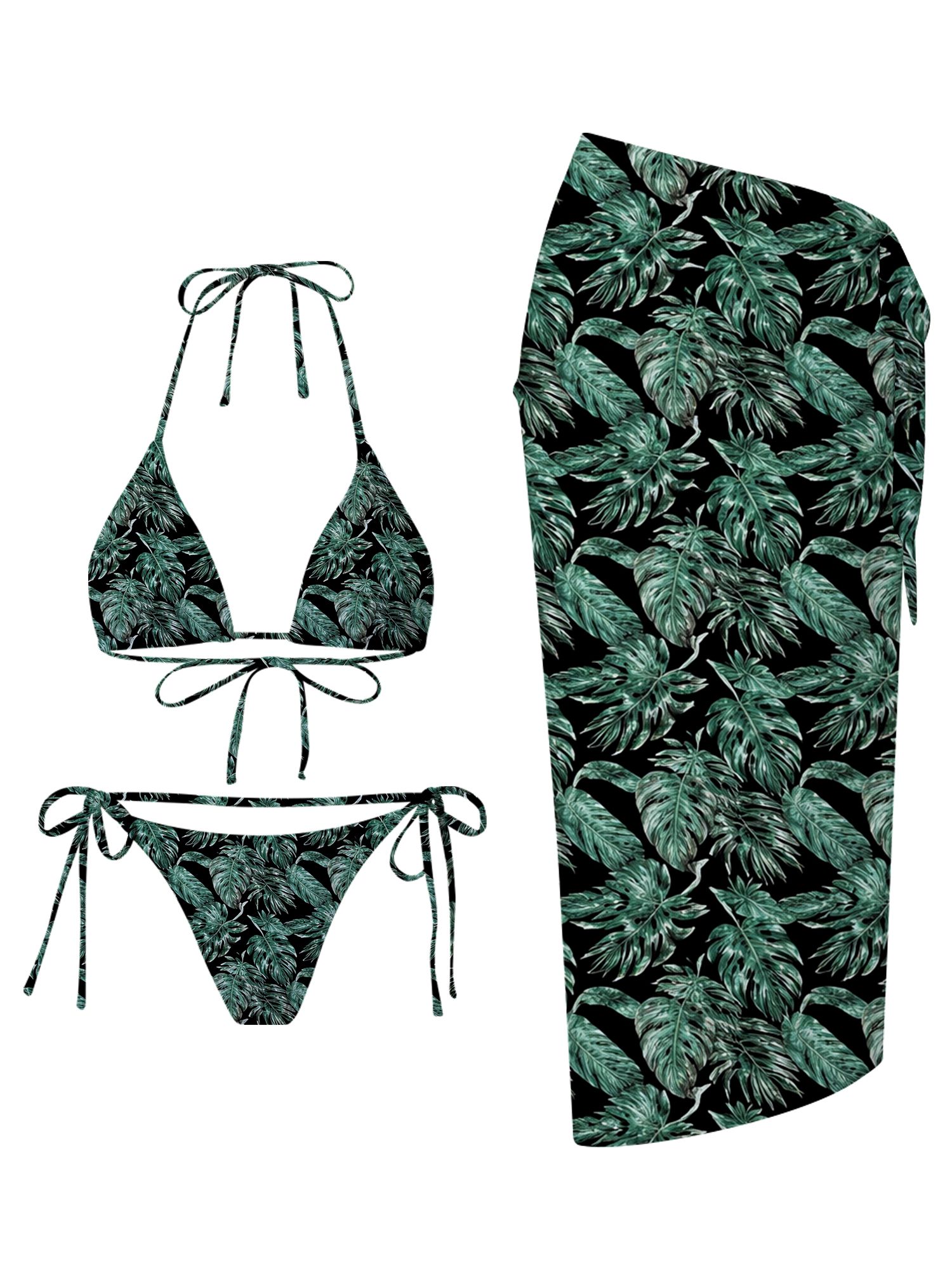 Tropical Leaf Pattern with Dark Green And Black Background Featuring Palm Leaves And Foliage Design on Swimwear Set Female Exquisite Printed Pattern Bikini Exquisite Bikini And Skirt Set