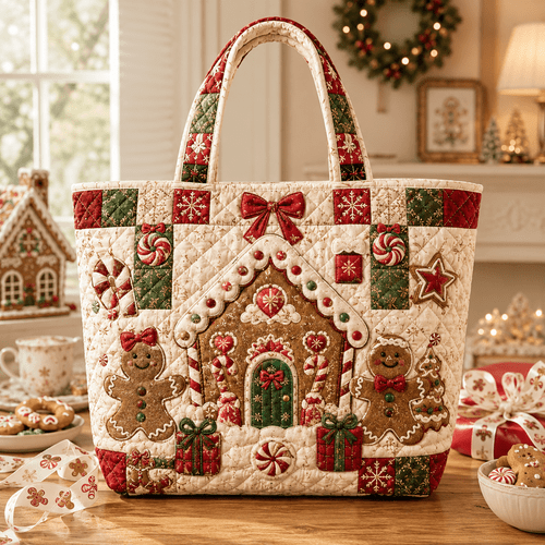 item picture women large gingerbread house candy cane quilted tote bag suitable for shopping work travel lightweight handbag with gingerbread for man print bow patterns machine washable christmas gift for winter vacation