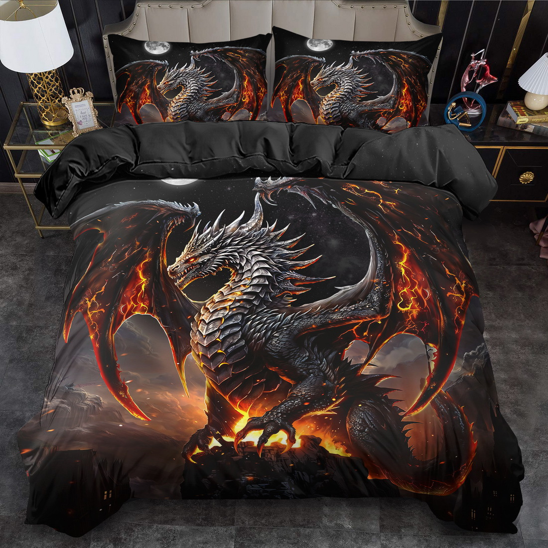 Tier-Duo Bettbezug-Set King Queen Stil Quiltbezug Drachen-Druck Bettwäsche-Set Gästezimmer Weihnachts- Halloween-Deko Geburtstags- Feiertagsgeschenke