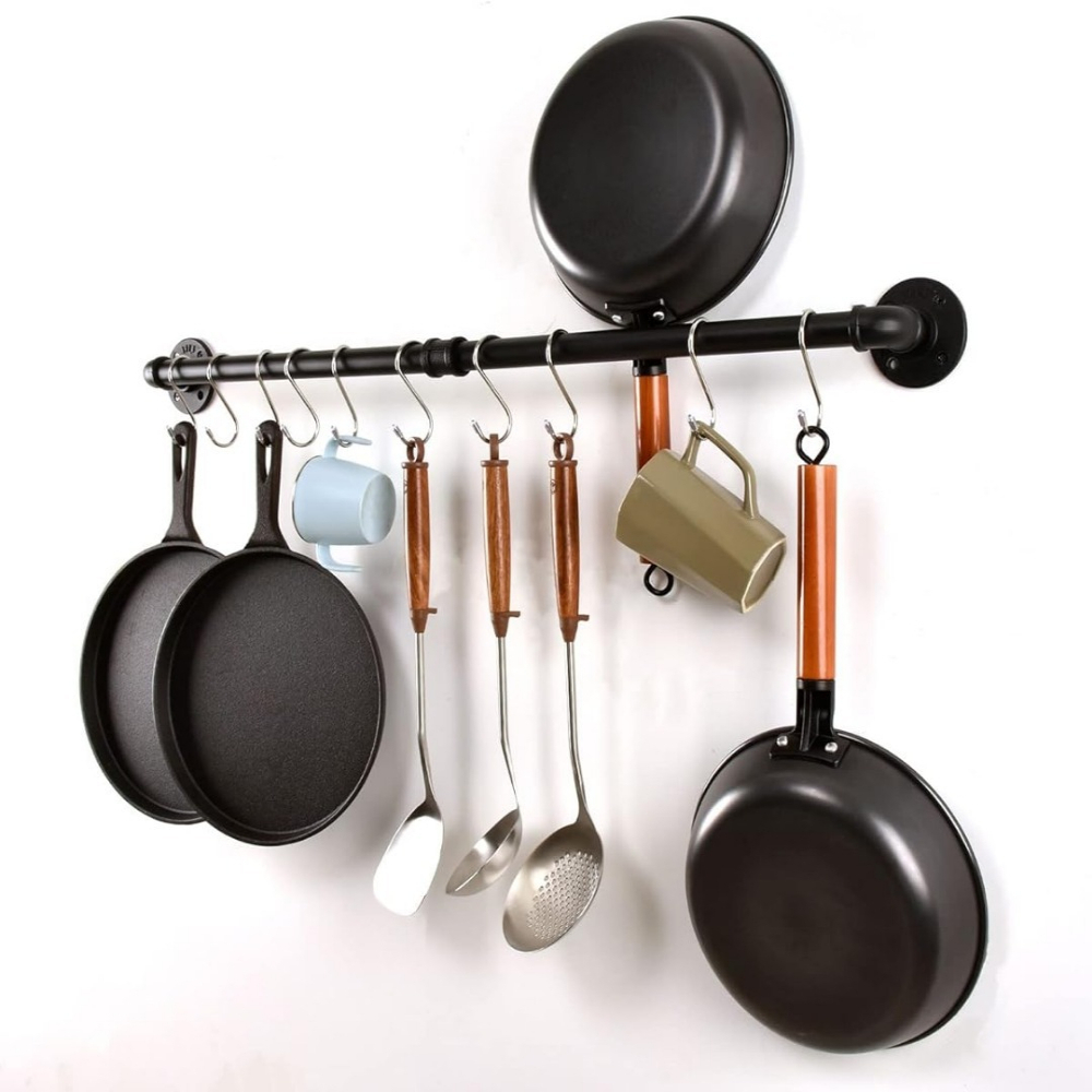 Premium Iron Hanging Storage Rail With 10 Hooks, Wall-mount Organizer Rack For Pot Lids, Spatulas, Spoons, Kitchen Utensils, Keys, Home Storage