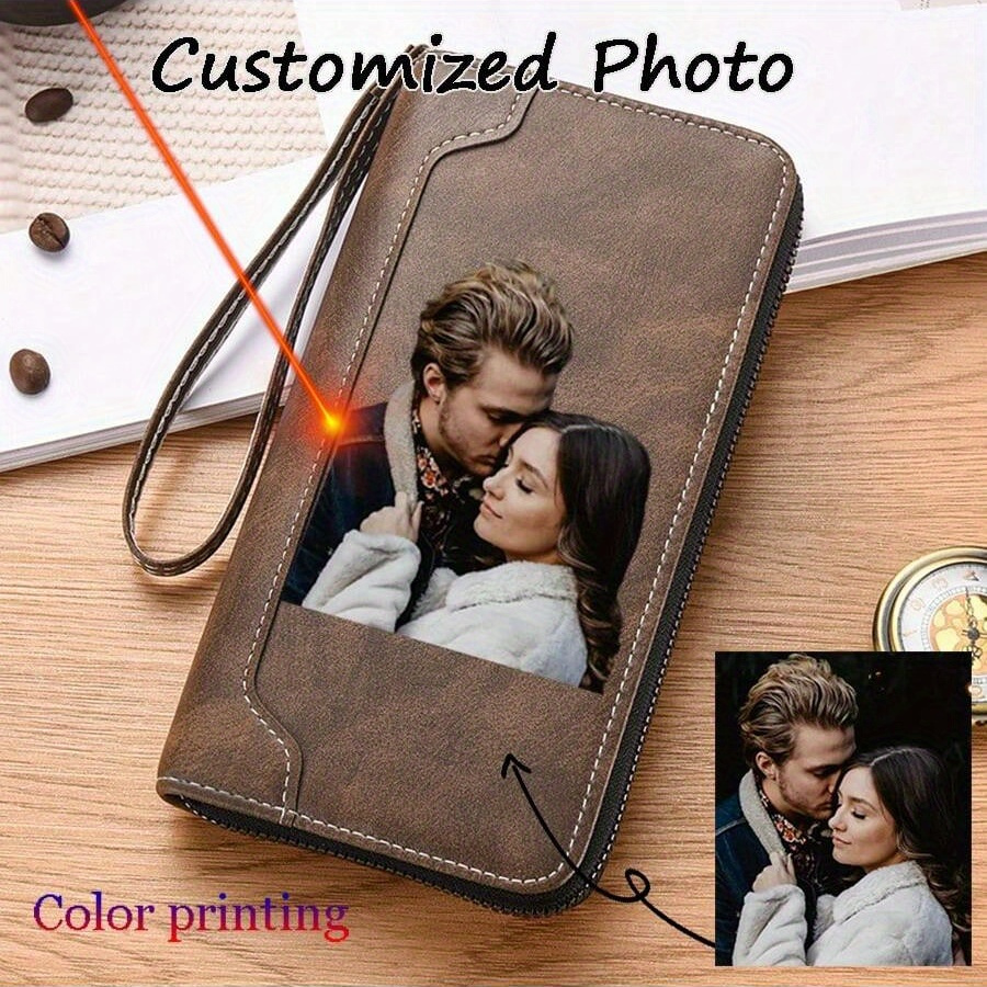 

Elegant Leather Wallet With Custom Engraved Photo, Leather Long Zipper Clutch, Large Capacity, Ideal For Men, Fathers Day Anniversary Gift