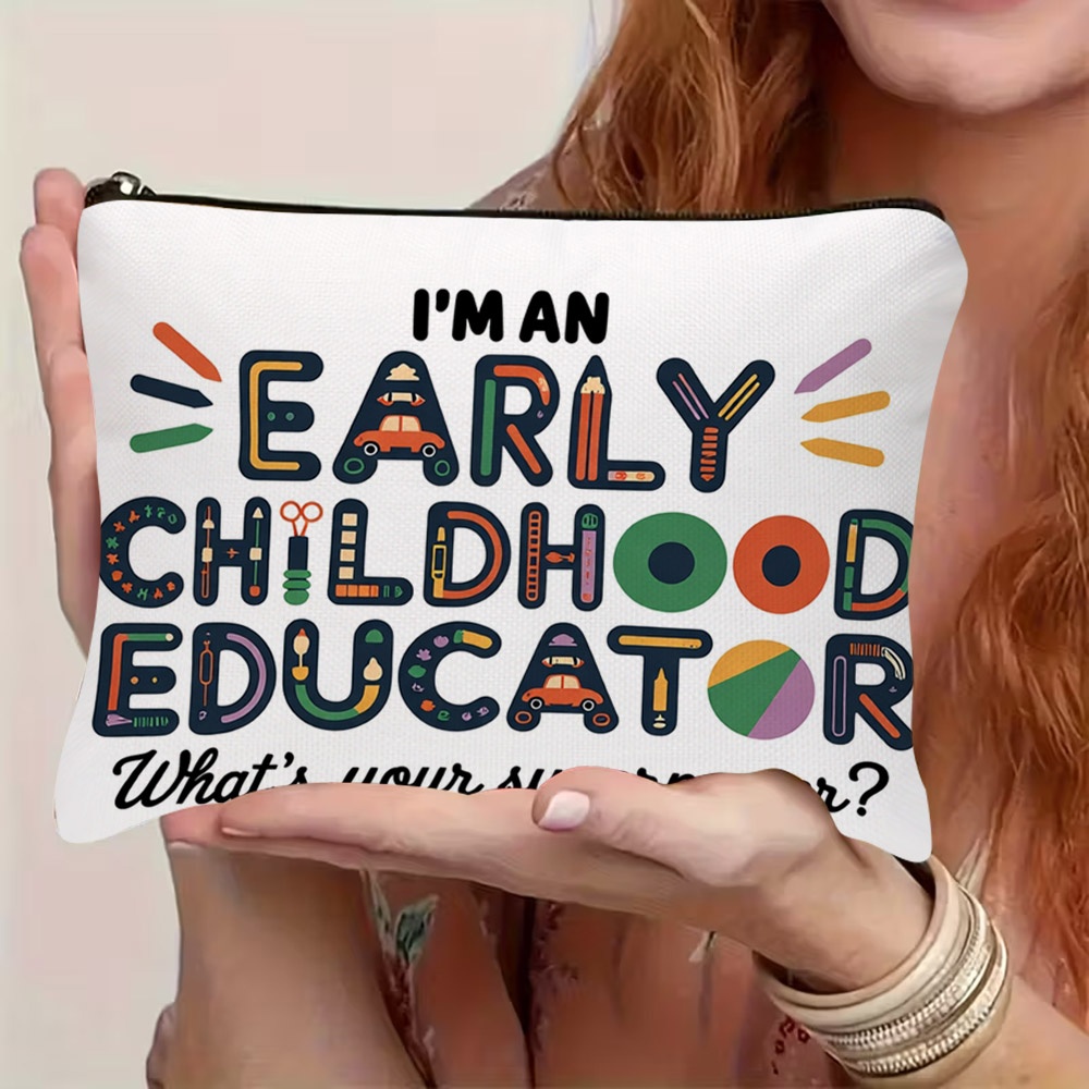 TEMU 1pc 2d Flat Print Cosmetic Bag, Whimsical Early Childhood Educator - Themed With Colorful Letter Pattern, Zipper Closure, Lightweight Durable