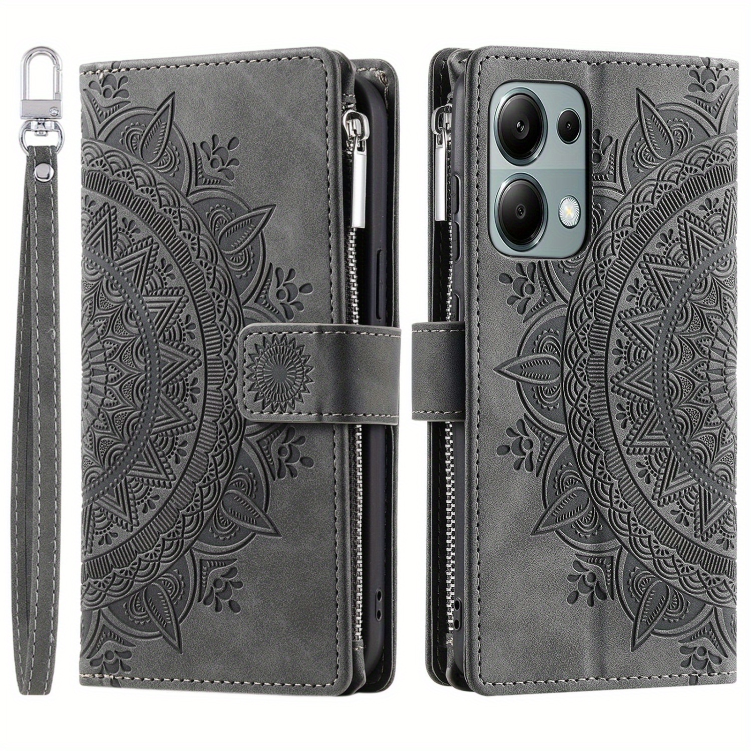 TEMU Phone Case - A Gray Embossed Floral Artificial Leather Wallet Case With Luxury Feel, Exquisite High Quality, Practical, Stylish, Minimalist, And