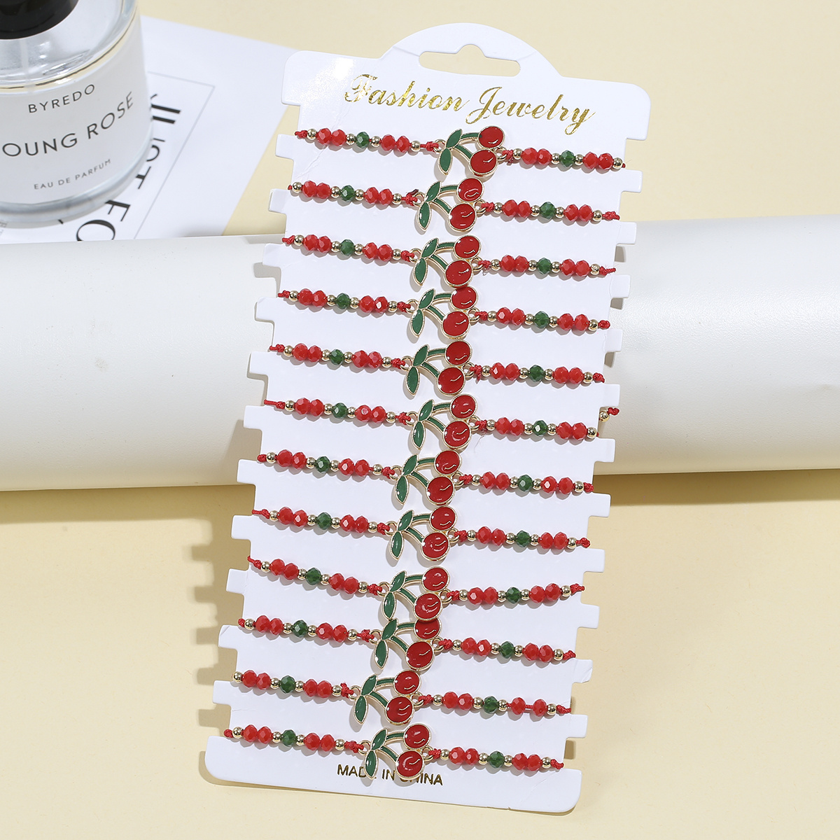 TEMU 12pcs Cherry Enamel Charm Beaded Bracelet, Handmade Braided Fruit Stackable Wrist Jewelry, Sweet Y2k Romantic Couples Friendship Accessories For