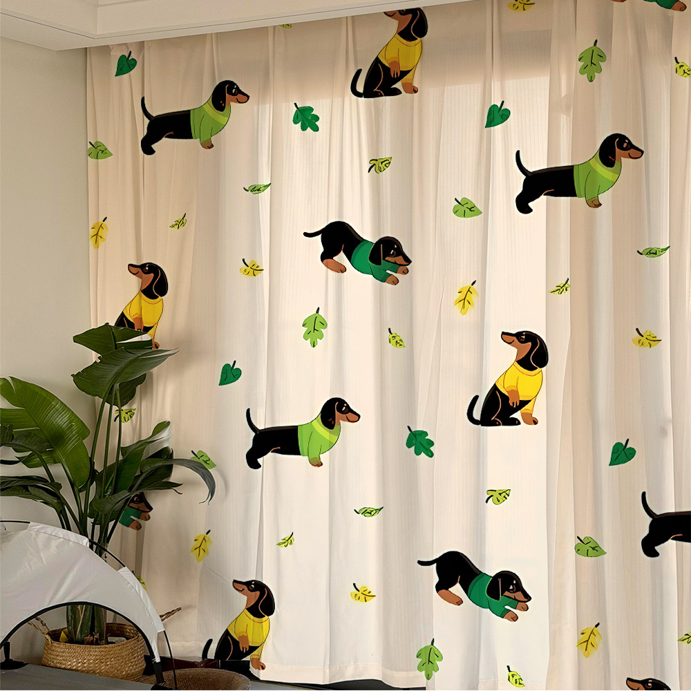 TEMU 2pcs Dachshund And Leaf Patterned Curtains, Exuding A Soothing Atmosphere. Semi-transparent Privacy Curtains, Suitable For Living Rooms,