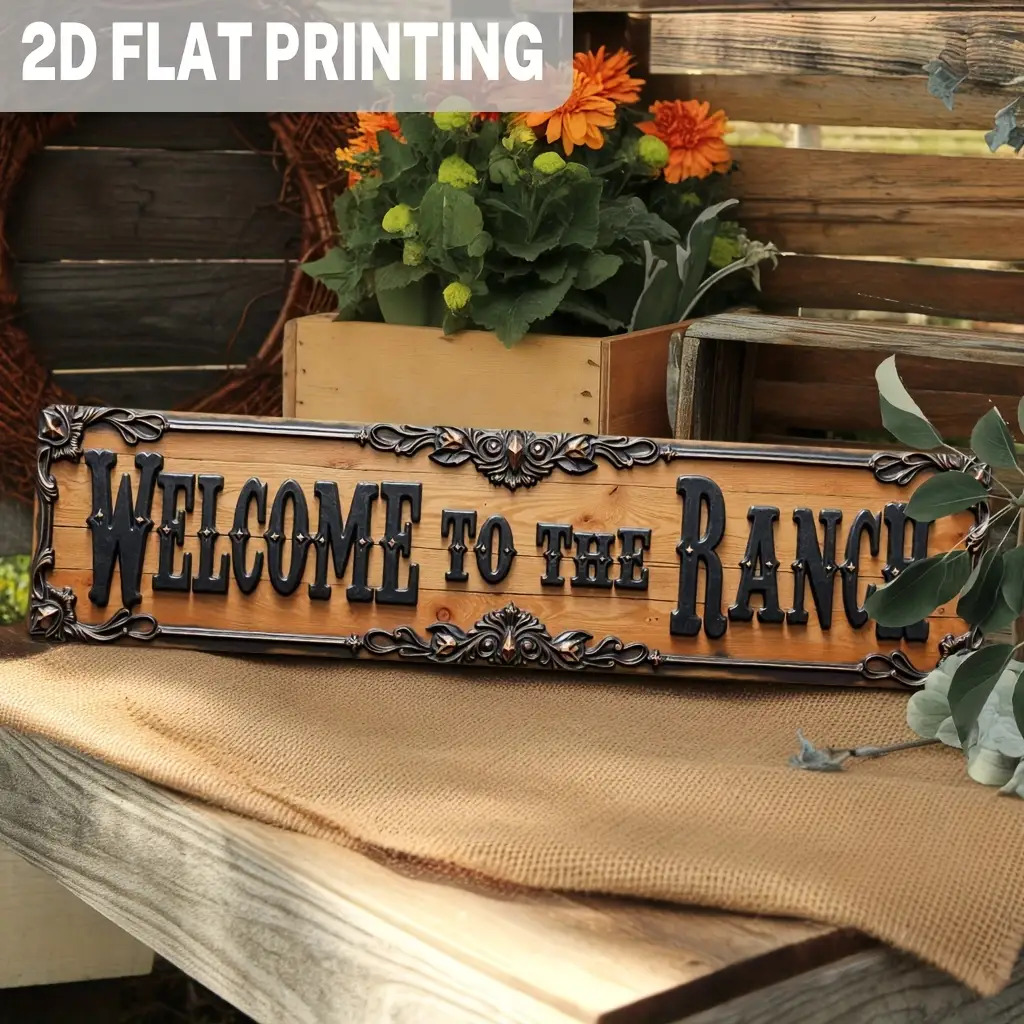 E-shop 2D Flach, 1 Stück Rustikales "Willkommen auf dem Ranch" Metallschild - Vintage Western Bauernhaus Wanddeko mit verziertem Scrollwerk,