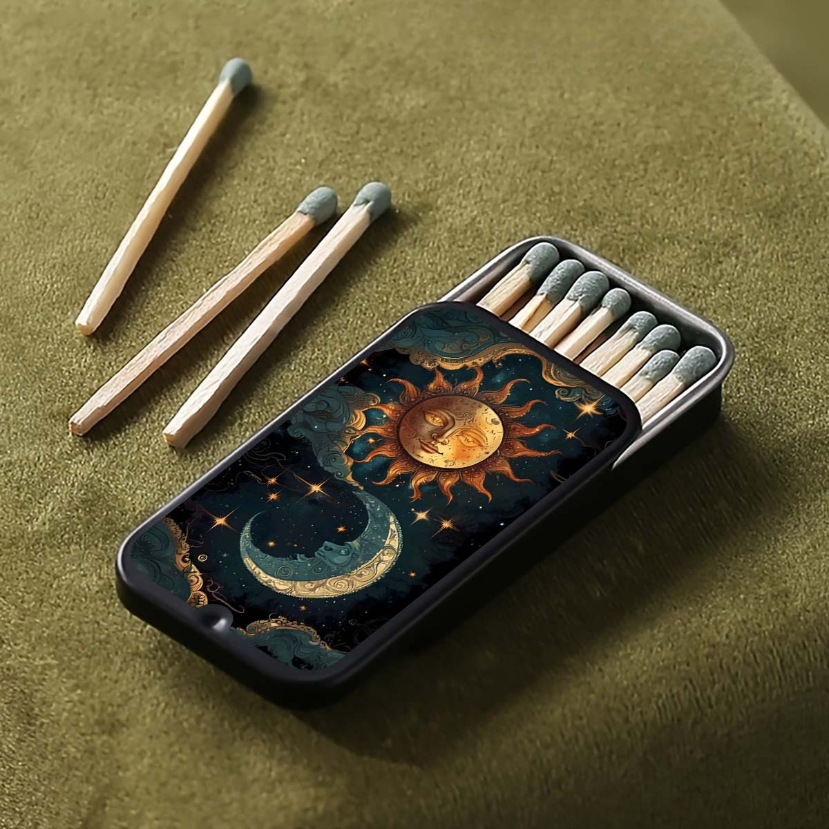 TEMU 1pc, Vintage Abstract Sun And Moon Pattern Matchbox, Exquisitely Designed Retro Matchbox, Minimalist Portable High-end Matchbox, Does Not