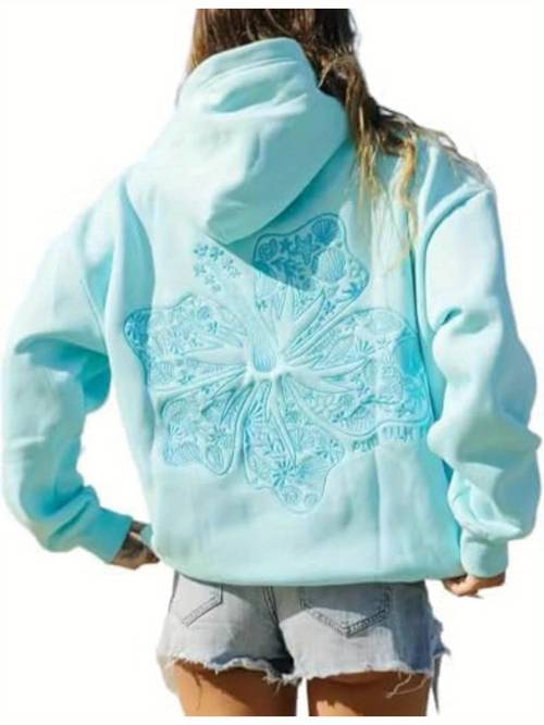 printed womens casual hoodie floral print long sleeves loose zip detail polyester material machine washable printed blue hoodie