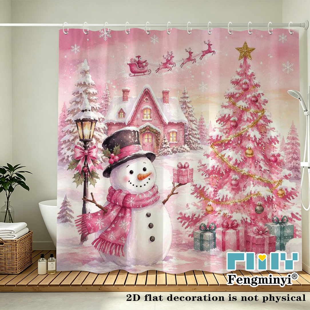 TEMU 2d Flat, 2d Curtain, 1pc, Christmas Snowman Winter Scene, Pink Watercolor House, Christmas Tree, Santa Claus, Reindeer, And Snowflake Pattern,