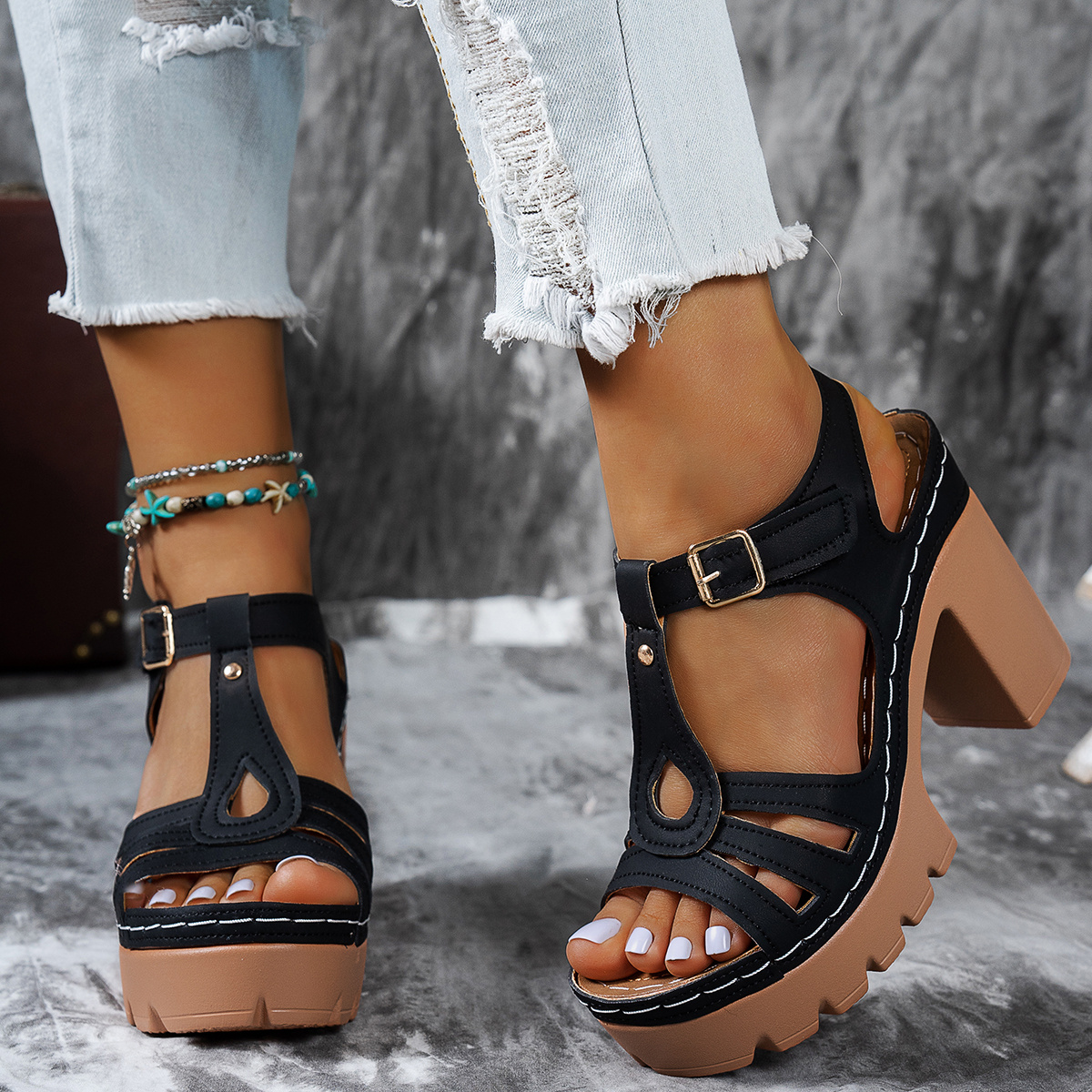 TEMU [wdhkun] New Ethnic Style Roman Car Line Sandals Summer T-heels With Casual European And American Thick Heels Women's High Heels, Women Shoes