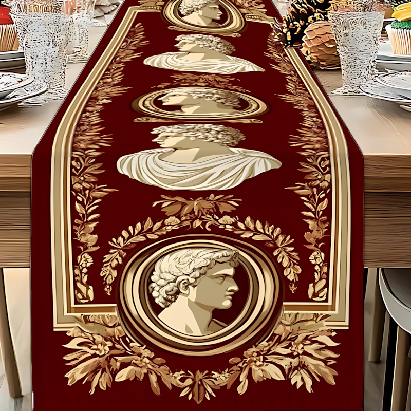 TEMU 1pc 2d Flat Printed Polyester Fiber Classical Roman Statue Table Runner, Featuring A Deep Background With And Leaf Decorations, Exquisitely