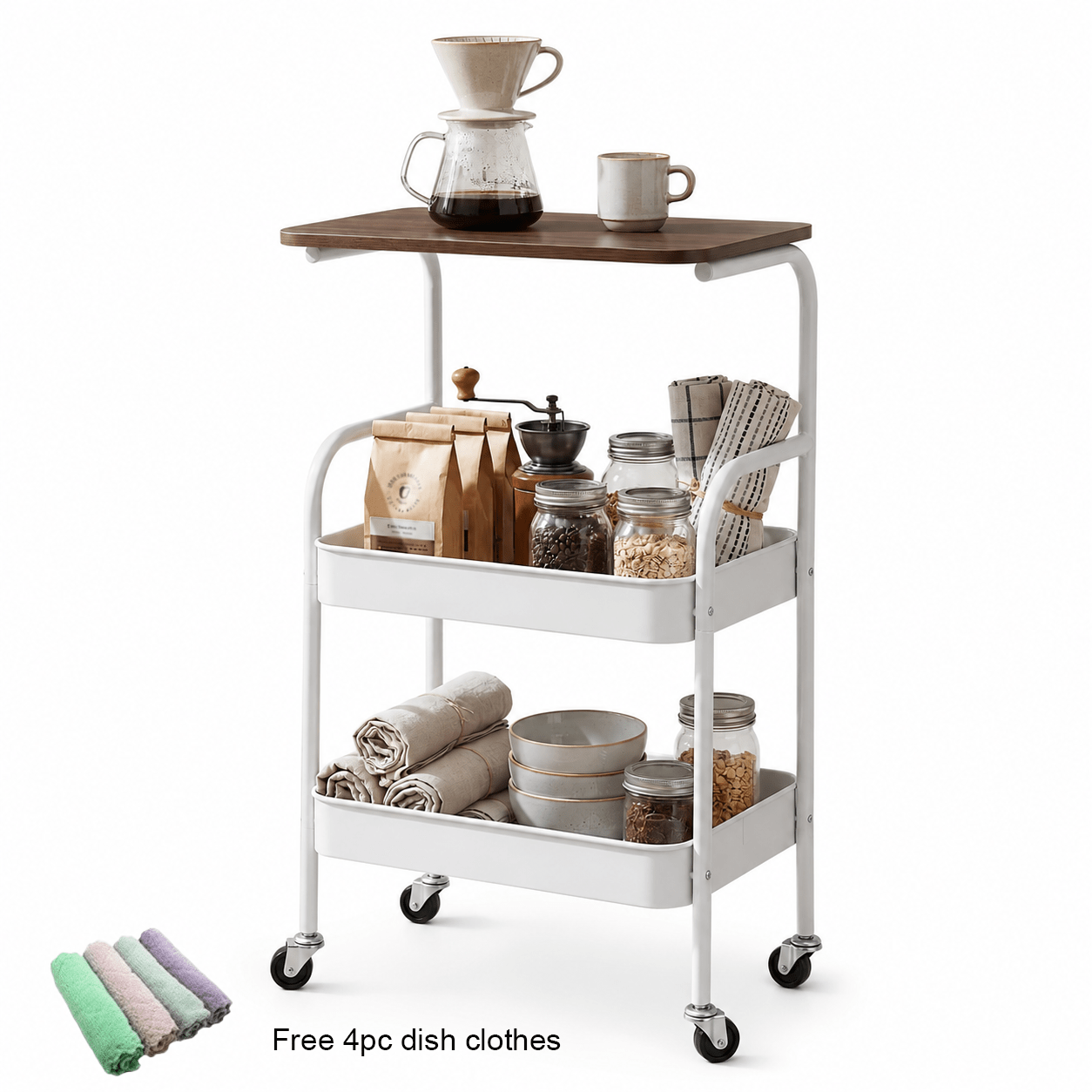 TEMU Rolling Side Table With 2 Storage Baskets, Compact Mobile Utility Cart With Wood Top And Wheels For Living Room, Bedroom, Bathroom And Kitchen